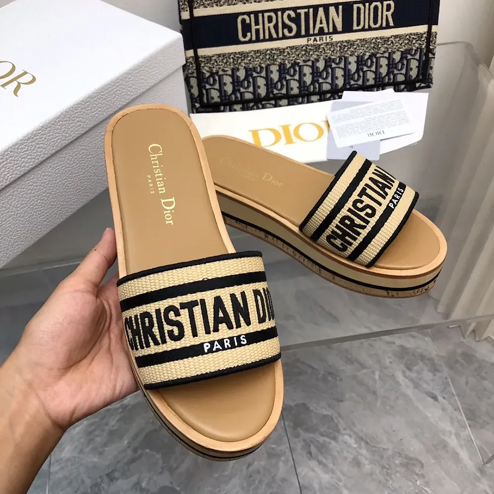 Dior Dway Platform Slide Natural Raffia and Black Embroidered Cotton for Women