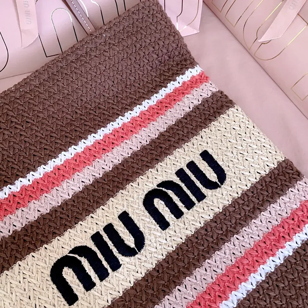 Miu Miu Raffia-Effect Woven Tote Bag for Women in Tobacco/Strawberry/Natural Miu Miu Raffia-Effect Woven Tote Bag for Women in Tobacco/Strawberry/Natural