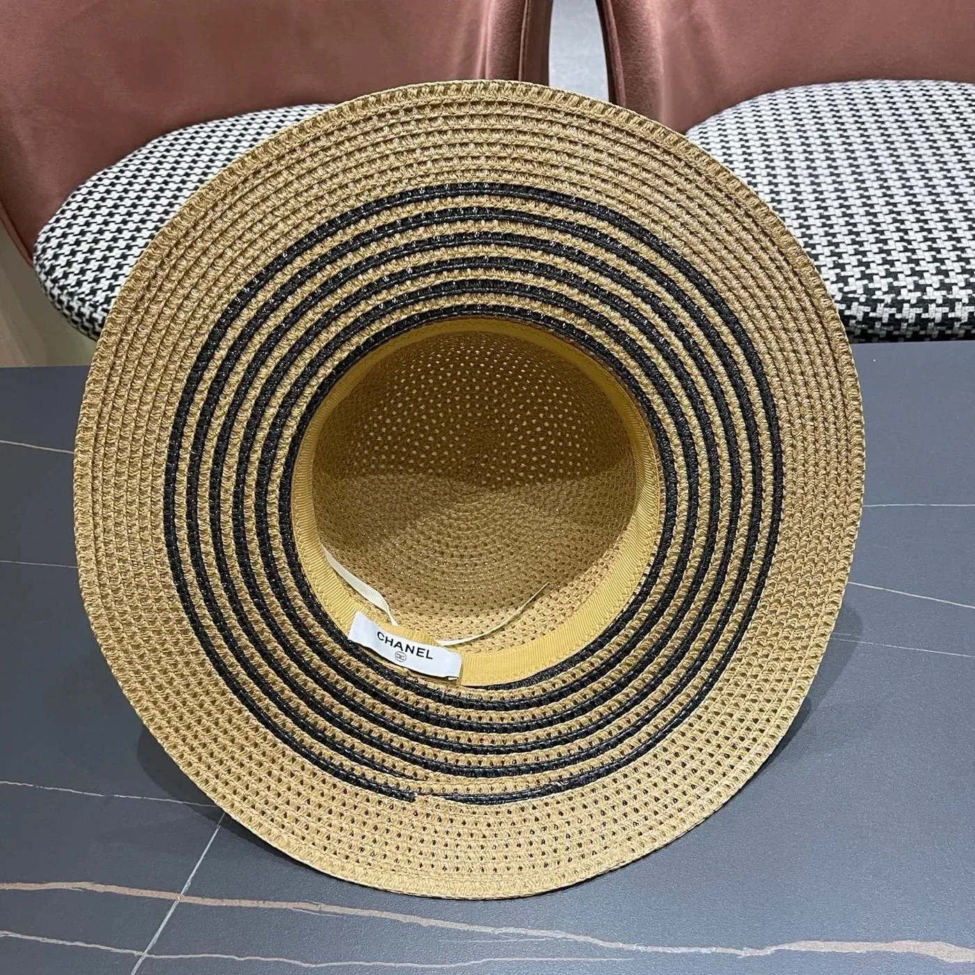 Chanel Monochrome Striped Sun Hat Dark Beige Straw Chanel Monochrome Striped Sun Hat Dark Beige Straw