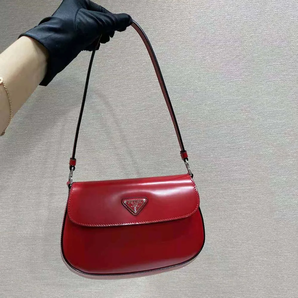 Prada Cleo Brushed Leather Shoulder Bag with Flap for Women in Red