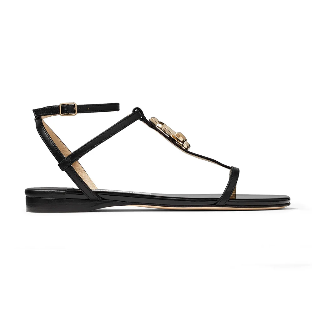 Jimmy Choo Alodie Flat Black Nappa and Patent Leather Flat Sandals for Women Jimmy Choo Alodie Flat Black Nappa and Patent Leather Flat Sandals for Women