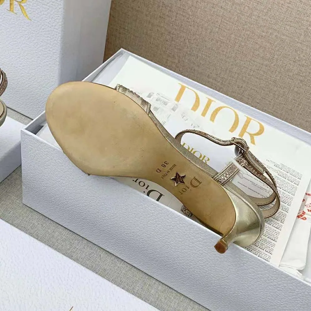Dior Dway Heeled Sandal Gold-Tone Cotton Embroidered with Metallic Thread and Strass for Women