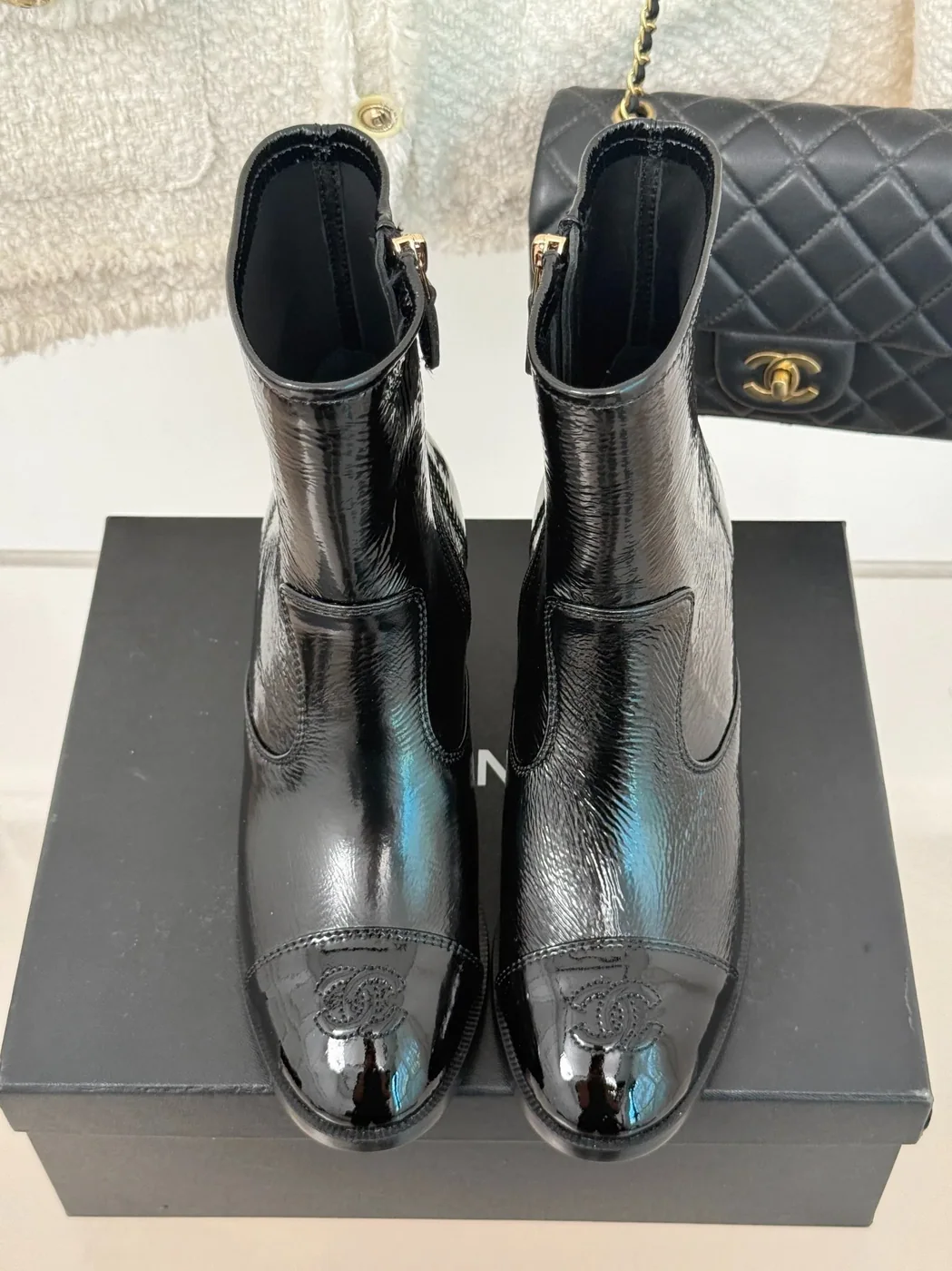 Chanel Glossy Chunky Ankle Heel Boots Black / Chanel Glossy Chunky Ankle Heel Boots Black /