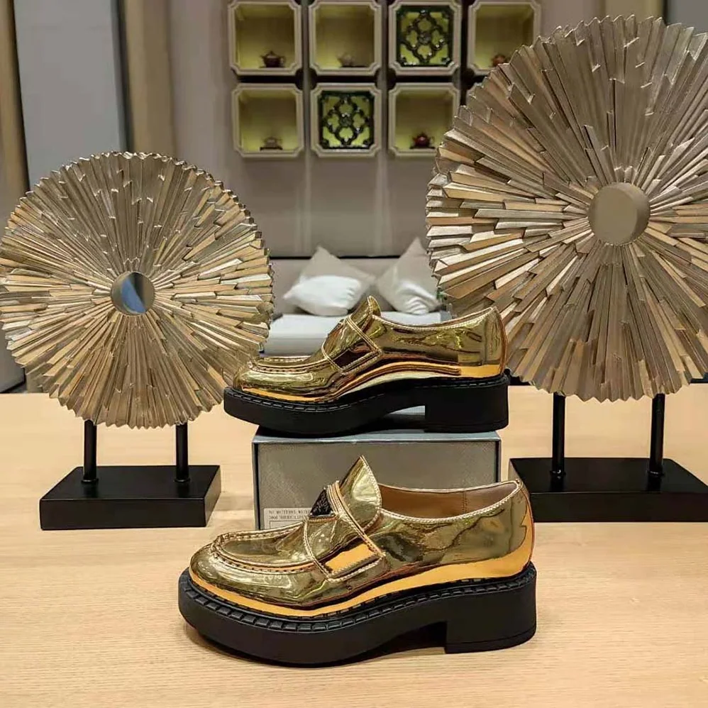 Prada Metallic Leather Loafers for Women in Gold