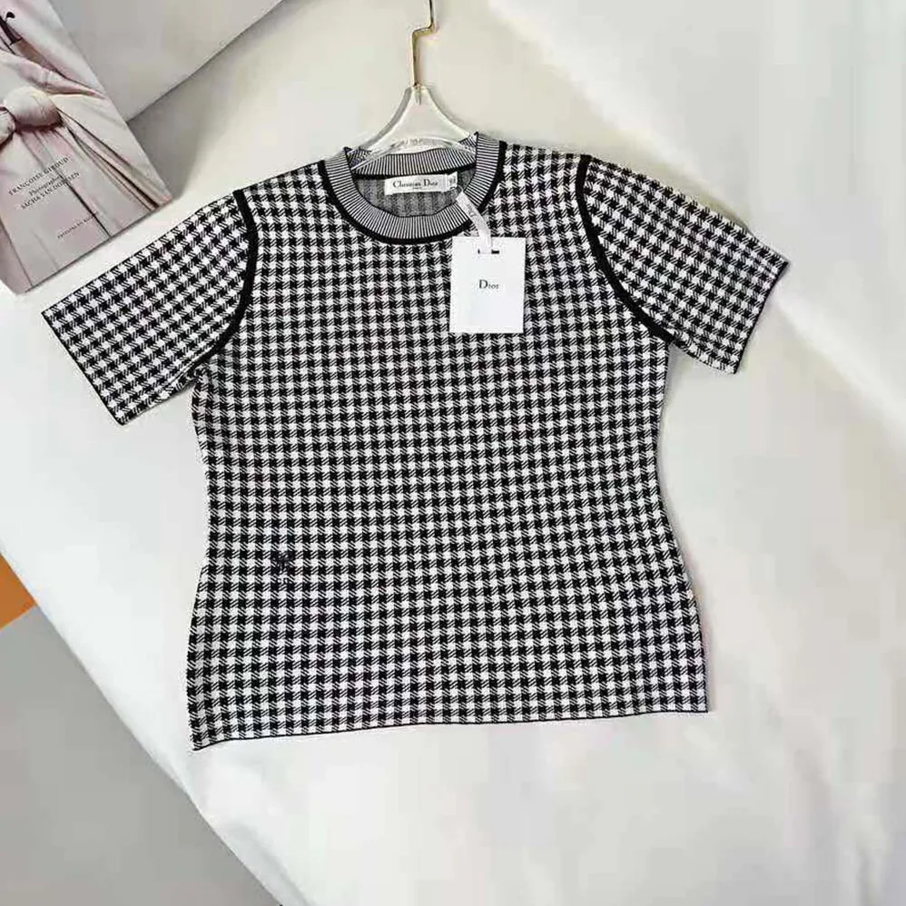 Dior Short-sleeved Sweater Gray and Black Check'n'Dior Cashmere and Silk Blend Knit for Women Dior Short-sleeved Sweater Gray and Black Check'n'Dior Cashmere and Silk Blend Knit for Women