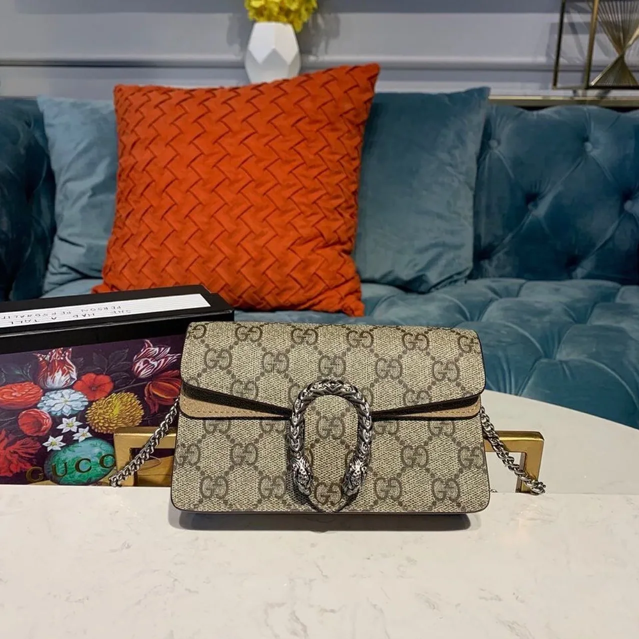 Gucci Dionysus Super Mini Shoulder Bag / Emerald GG Supreme Canvas Made Using An Earth-Conscious Process With Taupe Deta Gucci Dionysus Super Mini Shoulder Bag / Emerald GG Supreme Canvas Made Using An Earth-Conscious Process With Taupe Deta