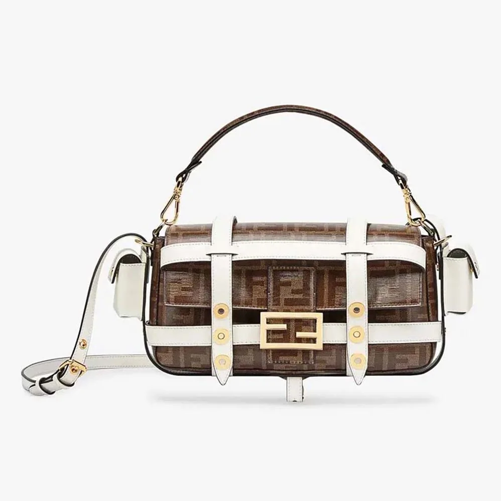 Fendi Baguette Cage Brown Fabric Bag for Women in White Fendi Baguette Cage Brown Fabric Bag for Women in White