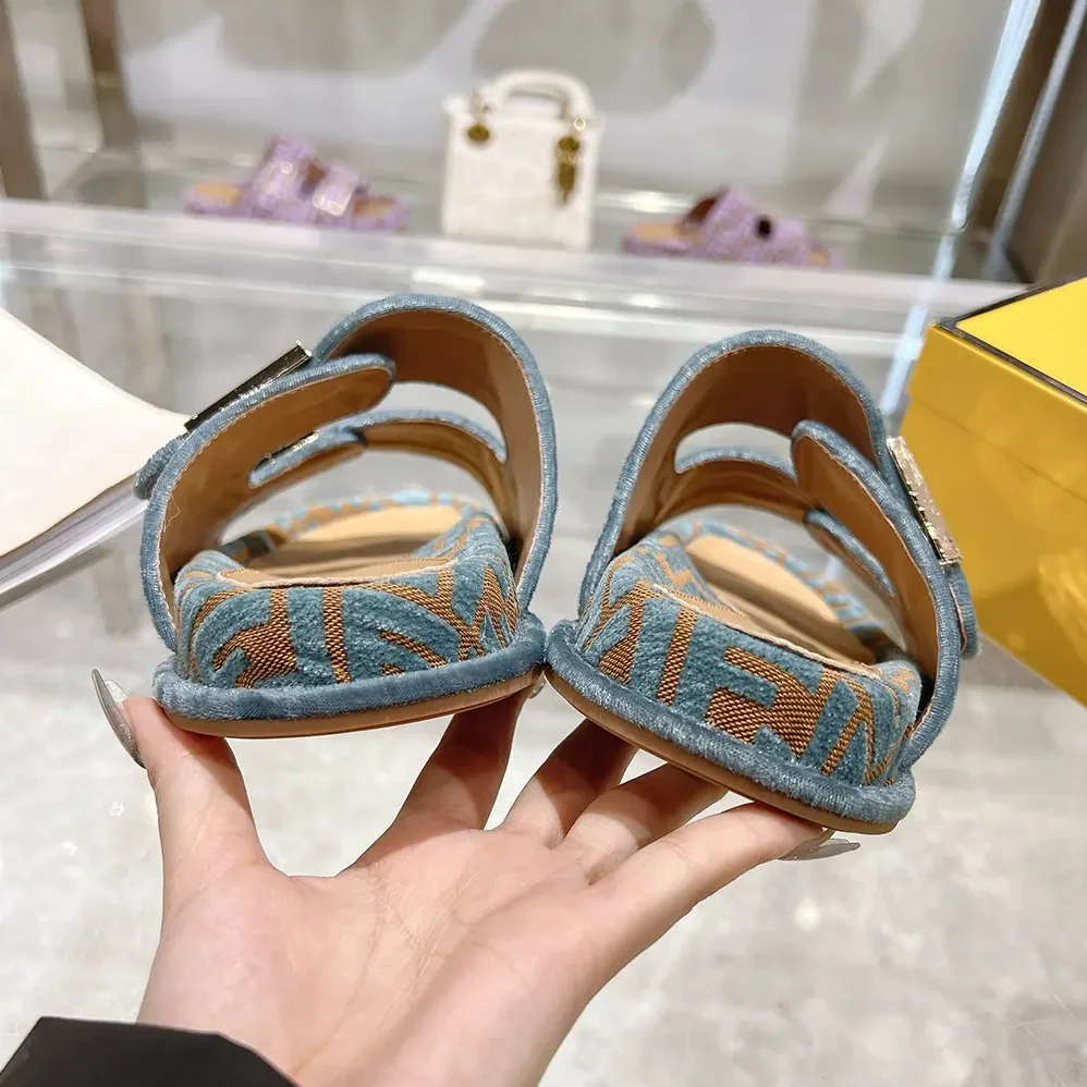 Fendi Feel Light Blue FF Jacquard Velvet Slides for Women