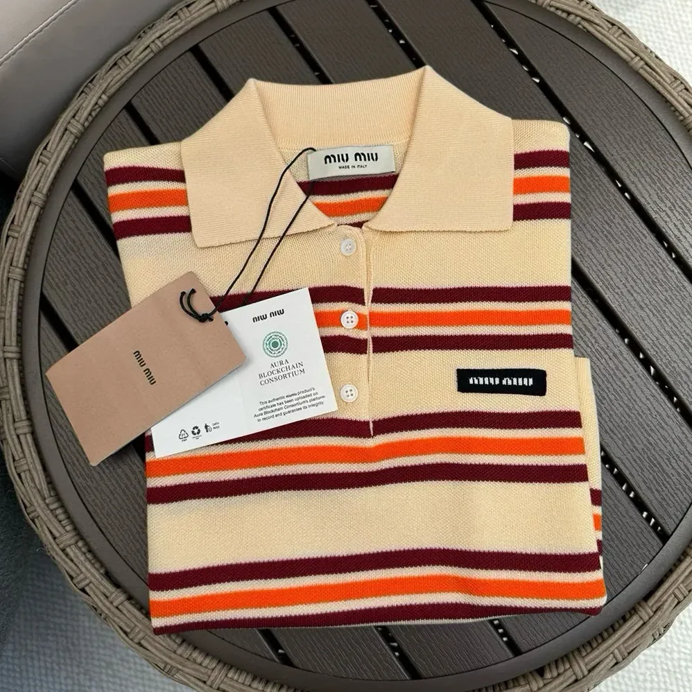 Miu Miu Cotton Striped Knit Polo Shirt for Women Miu Miu Cotton Striped Knit Polo Shirt for Women