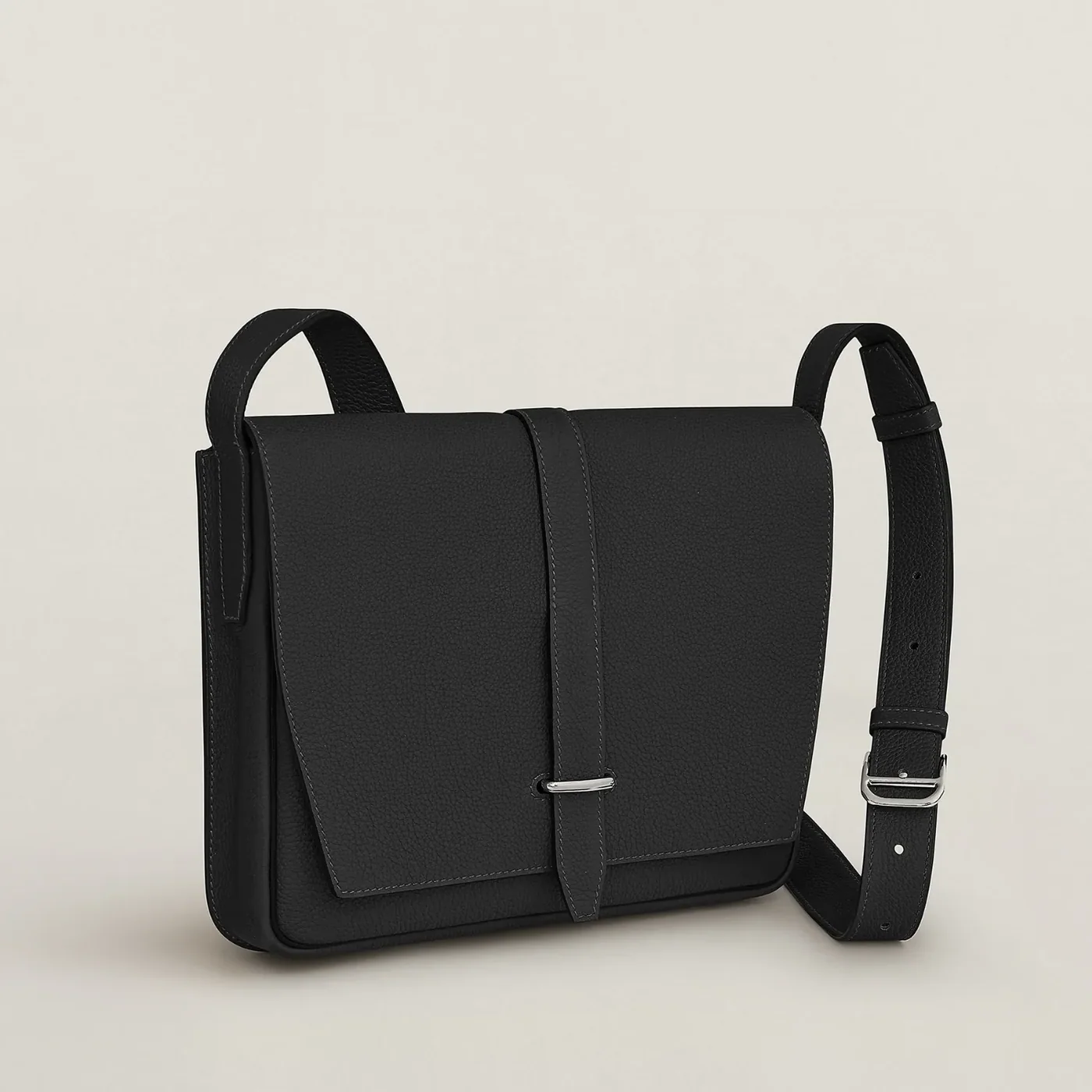 Hermes Steve Light Junior Messenger Crossbody Bag in Noir Silver Hardware