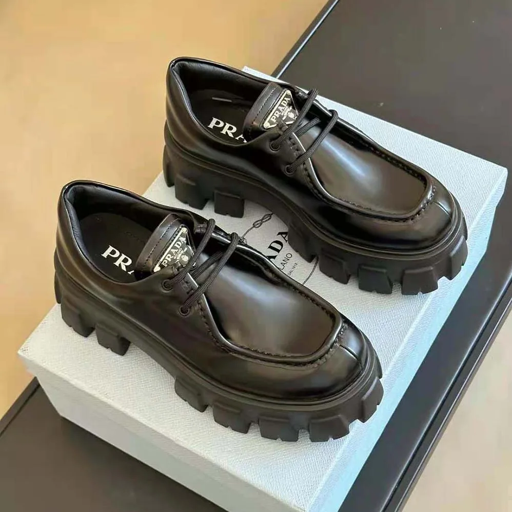Prada Monolith Brushed Leather Lace-up Shoes for Women in Black Prada Monolith Brushed Leather Lace-up Shoes for Women in Black