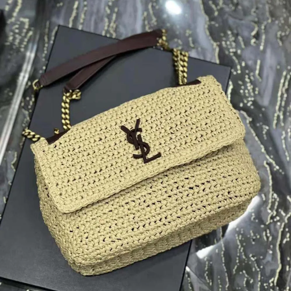 Saint Laurent YSL Niki Medium Chain Bag in Raffia and Leather for Women in Brown