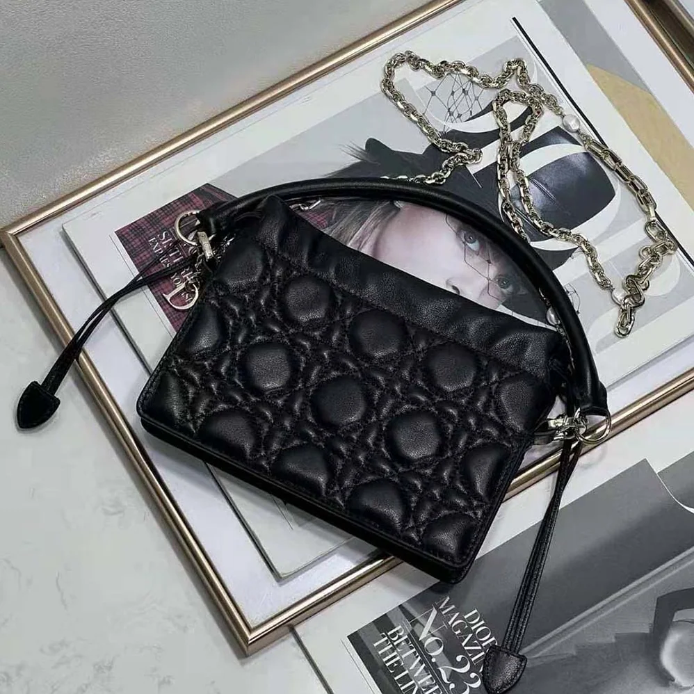 Dior Lady Dior Top Handle Drawstring Mini Bag Black Cannage Lambskin for Women