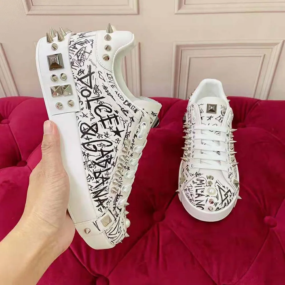 Dolce Gabbana D&G Calfskin Nappa Portofino Sneakers with Studs for Unisex in White Dolce Gabbana D&G Calfskin Nappa Portofino Sneakers with Studs for Unisex in White
