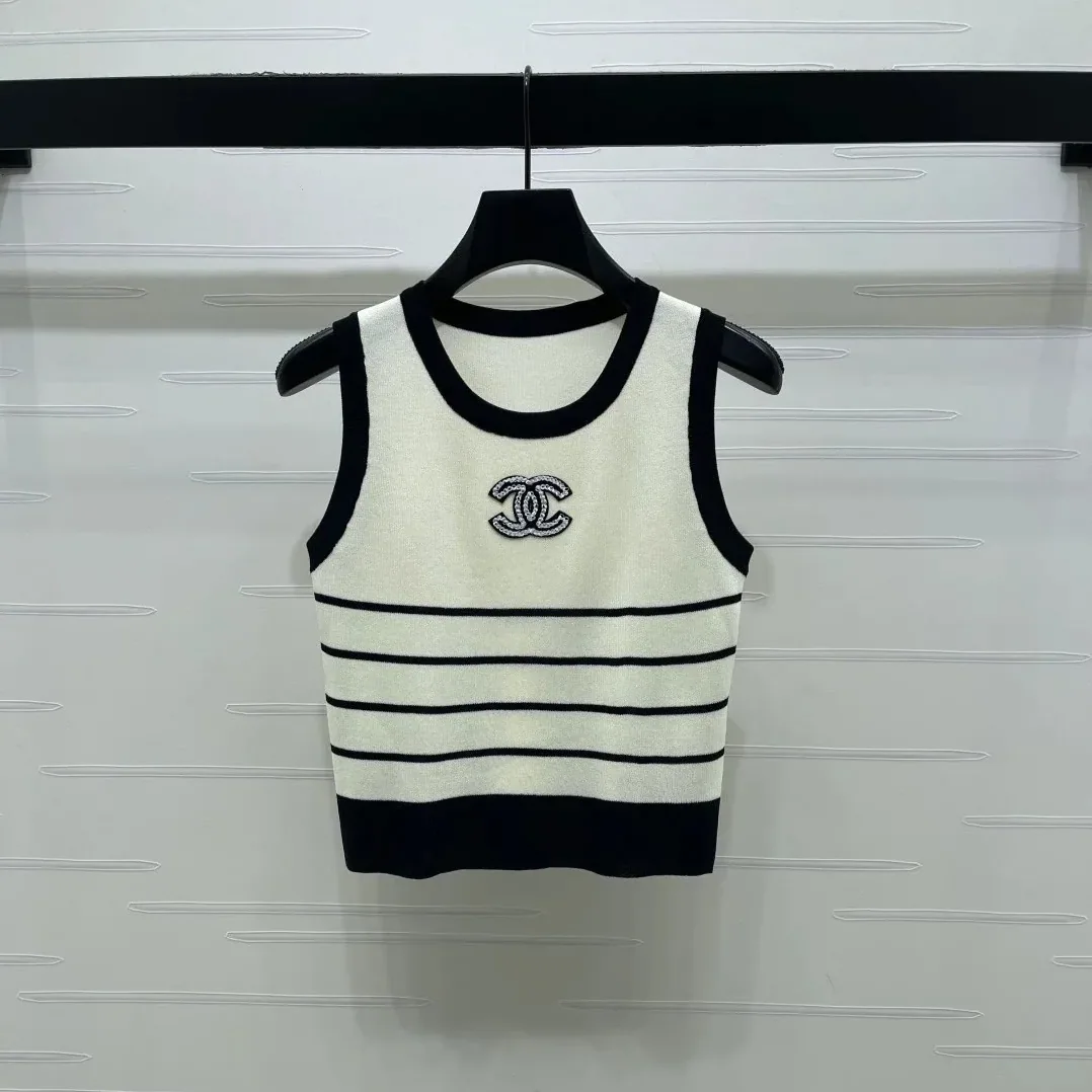 Chanel Striped Sleeveless Top Black in White