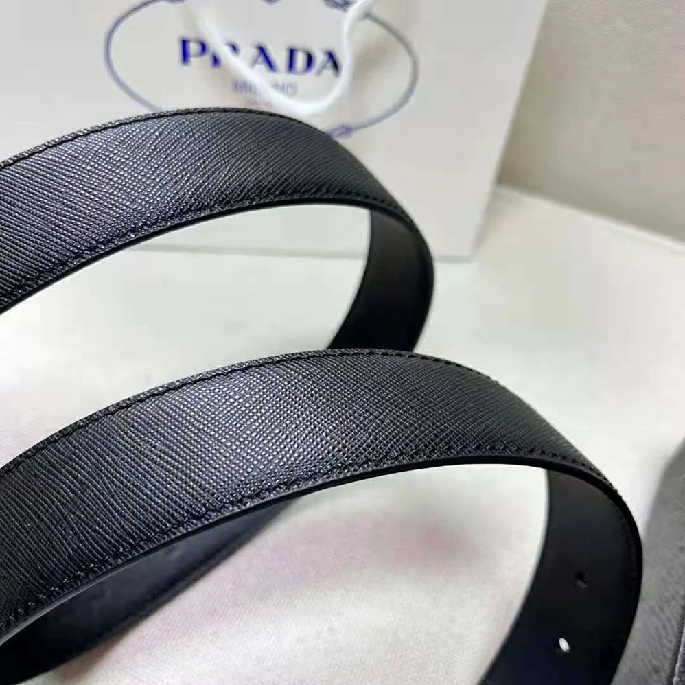 Prada Saffiano Leather Belt with Metal Lettering Logo for Men in Black Prada Saffiano Leather Belt with Metal Lettering Logo for Men in Black