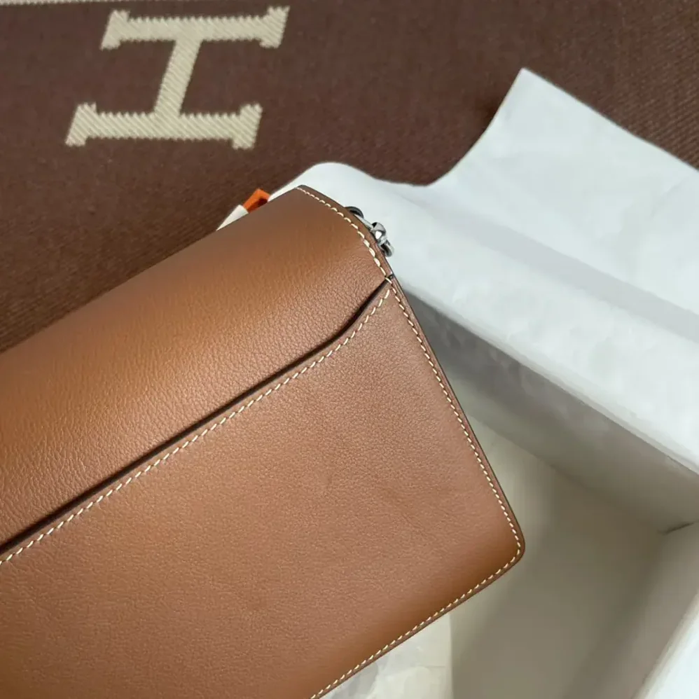 Hermes Roulis Mini Bag in Evercolor Calfskin for Women in Brown/Silver Hermes Roulis Mini Bag in Evercolor Calfskin for Women in Brown/Silver