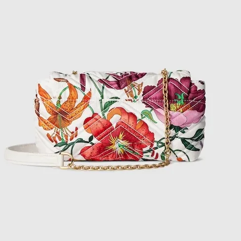 Gucci Marmont Mini Shoulder Bag / White in Multicolor Flora Gold Hardware