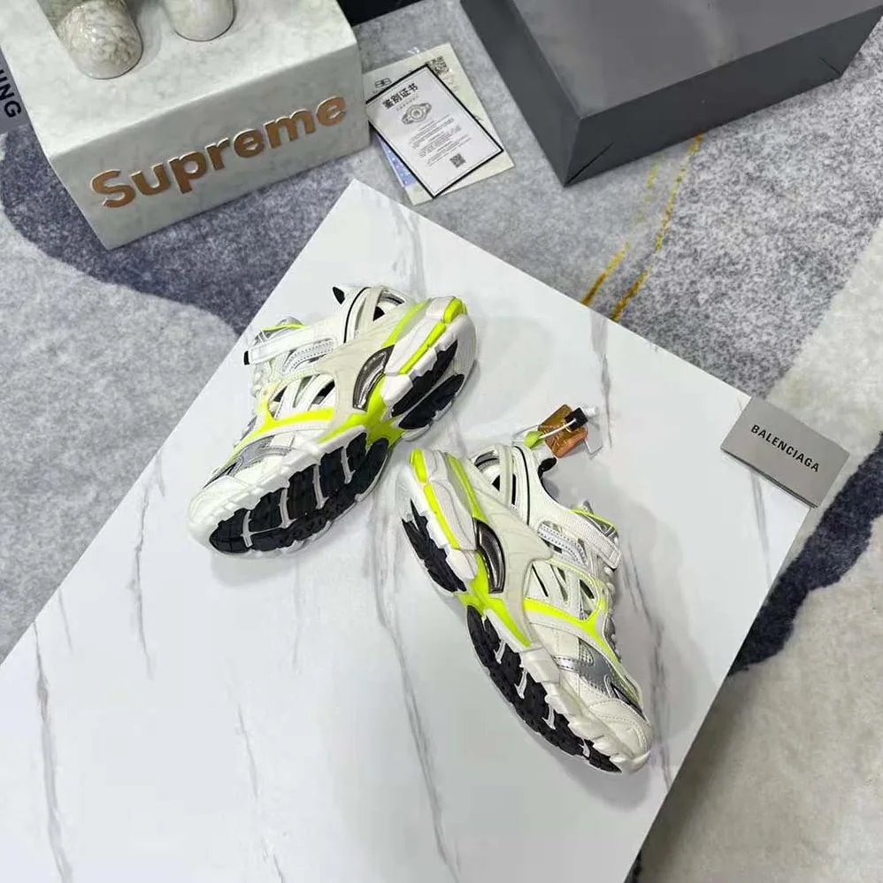 Balenciaga Track.2 Sneaker in White and Neon Yellow Neoprene and Rubber for Men