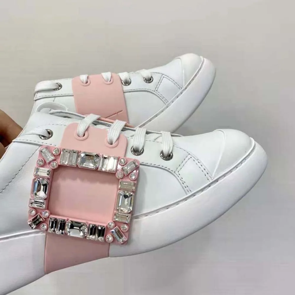 Roger Vivier Viv Skate Strass Buckle Sneakers in Soft Leather for Women in Pink Roger Vivier Viv Skate Strass Buckle Sneakers in Soft Leather for Women in Pink