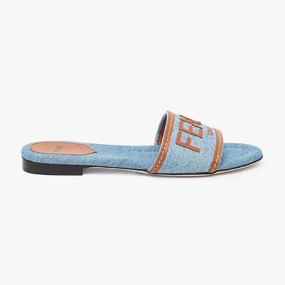 Fendi Signature Light Blue Denim Slides for Women