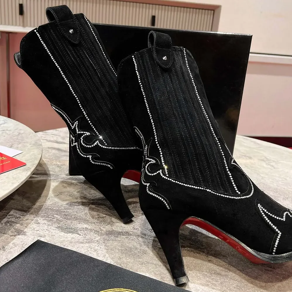 Christian Louboutin Santigag Strass 85 mm Low Boots Veau Velours and Strass for Women in Black Christian Louboutin Santigag Strass 85 mm Low Boots Veau Velours and Strass for Women in Black