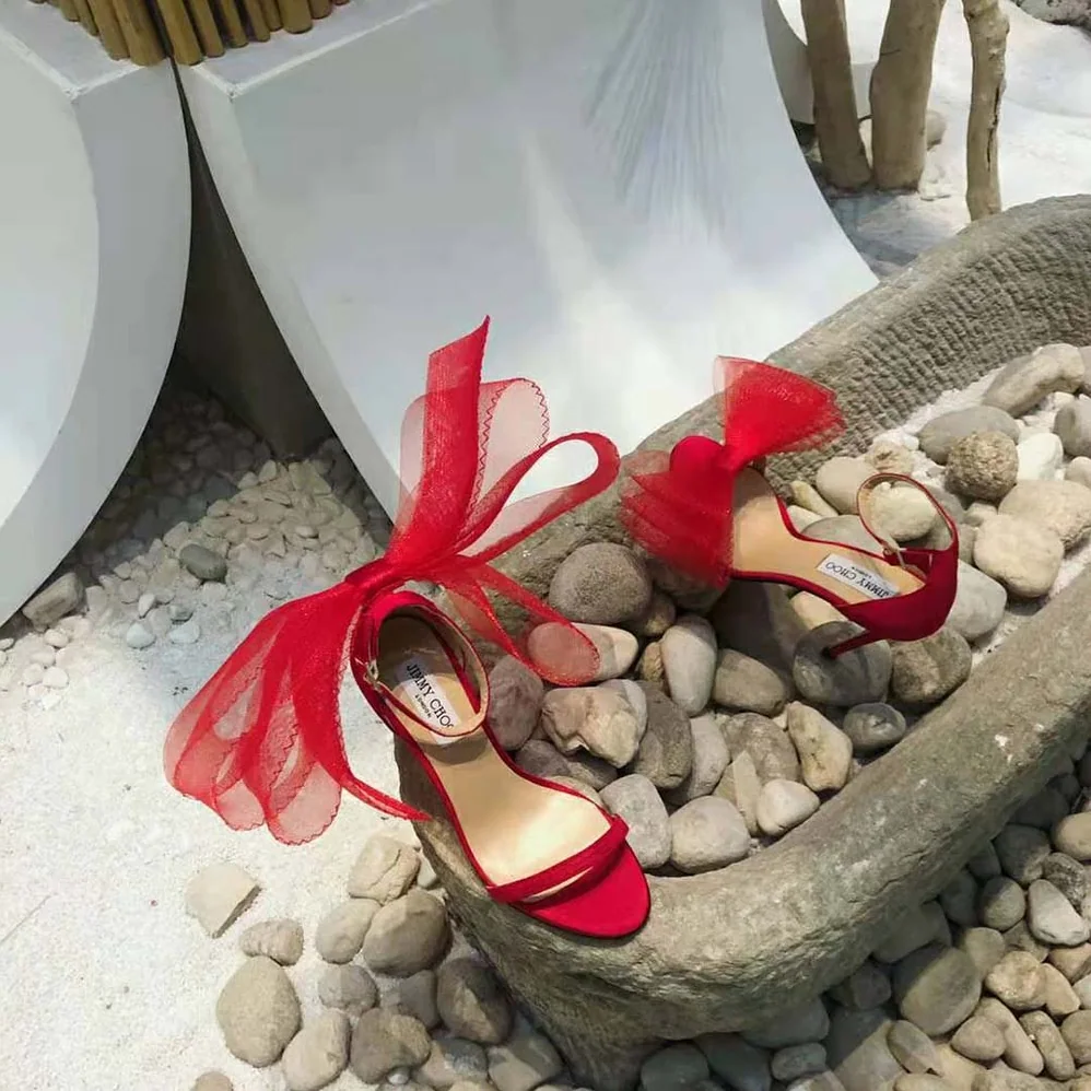 Jimmy Choo Aveline 100 Red Sandals with Asymmetric Grosgrain Mesh Fascinator Bows for Women Jimmy Choo Aveline 100 Red Sandals with Asymmetric Grosgrain Mesh Fascinator Bows for Women
