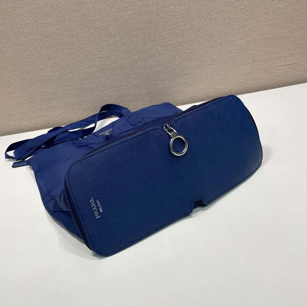 Prada Saffiano Leather Pendant With Re-Nylon Tote Bag for Women in Baltic Blue