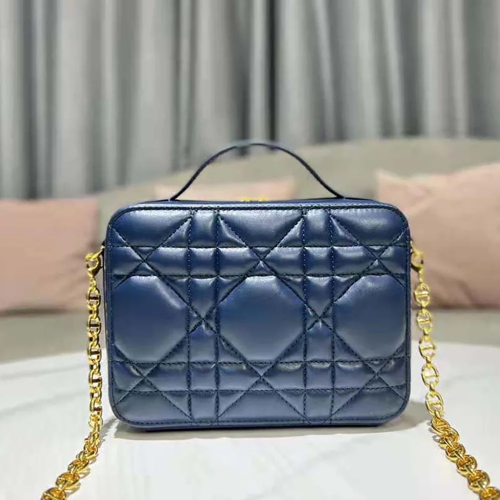 Dior Caro Box Bag with Chain Royal Blue Quilted Macrocannage Calfskin for Women