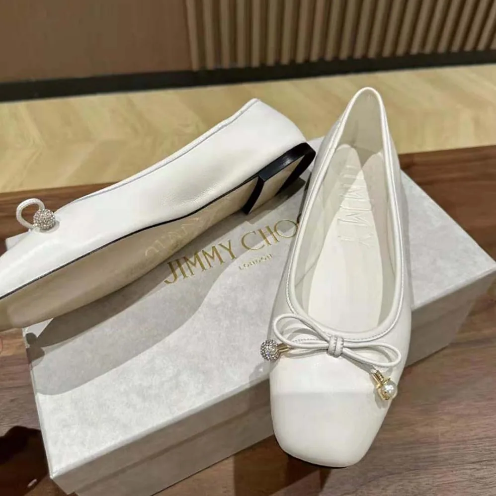 Jimmy Choo Elme Flat Latte Nappa Leather Flats with Pearl Embellishment for Women Jimmy Choo Elme Flat Latte Nappa Leather Flats with Pearl Embellishment for Women