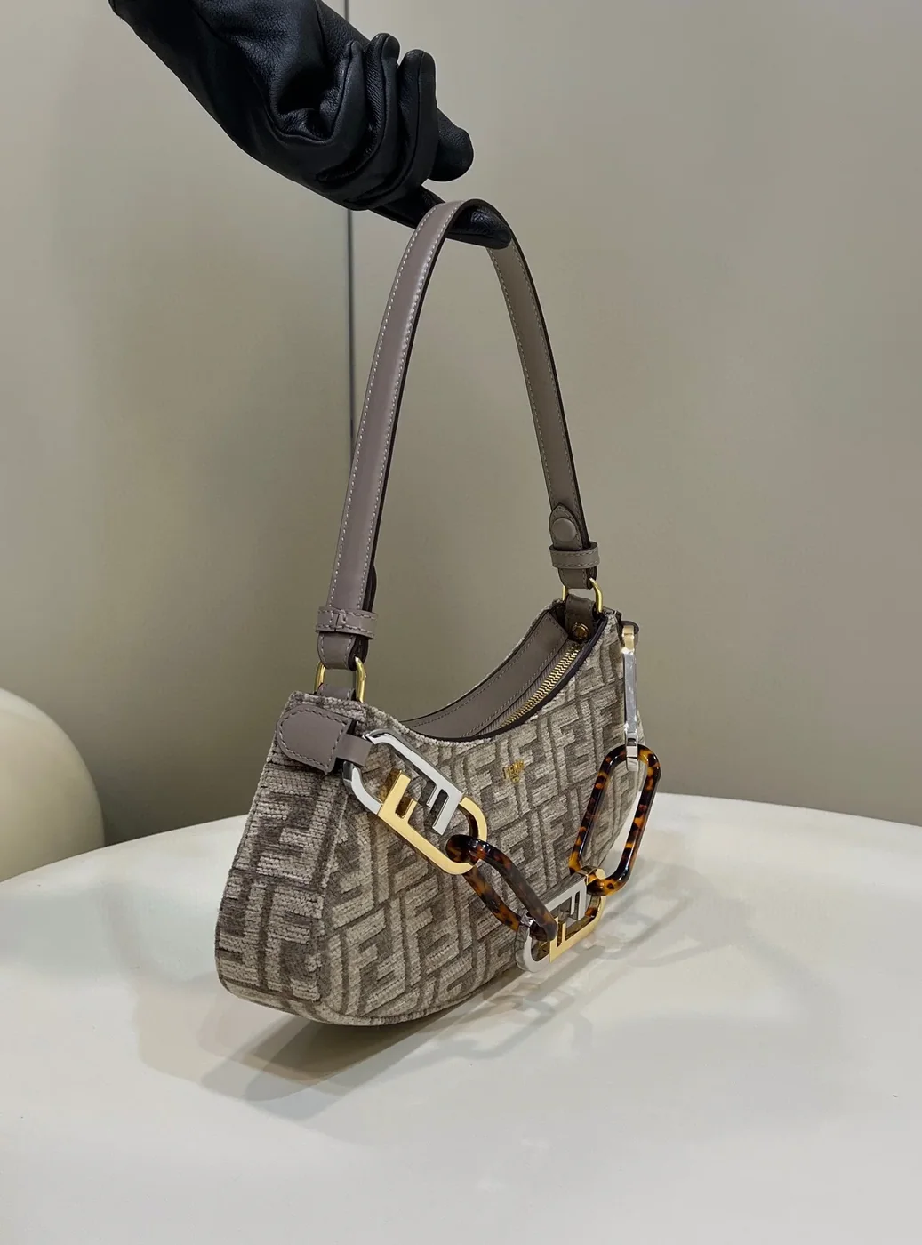 Fendi OLock Swing Dove Gray Tapestry Fabric Bag For Woman / Fendi OLock Swing Dove Gray Tapestry Fabric Bag For Woman /