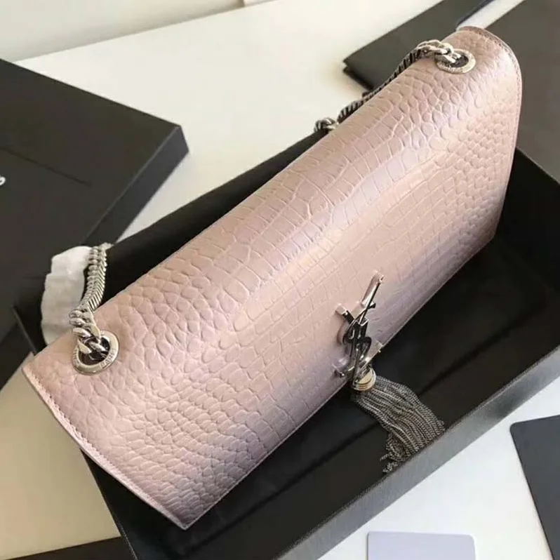 Saint Laurent YSL Kate Small Tassel Embossed Crocodile Shiny for Women in Pink