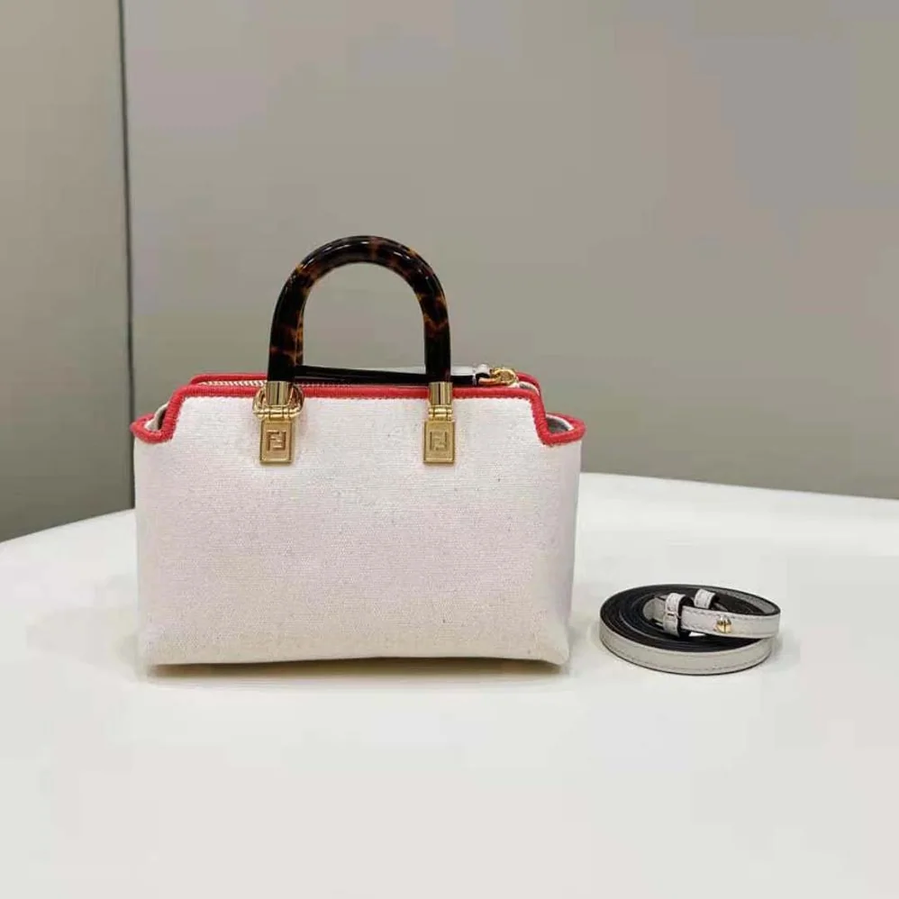 Fendi By The Way Mini Beige Canvas Small Boston Bag for Women Fendi By The Way Mini Beige Canvas Small Boston Bag for Women