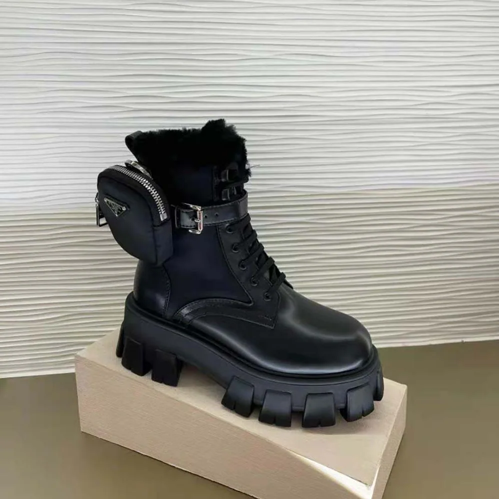 Prada Monolith Leather and Nylon Biker Boots for Women in Black