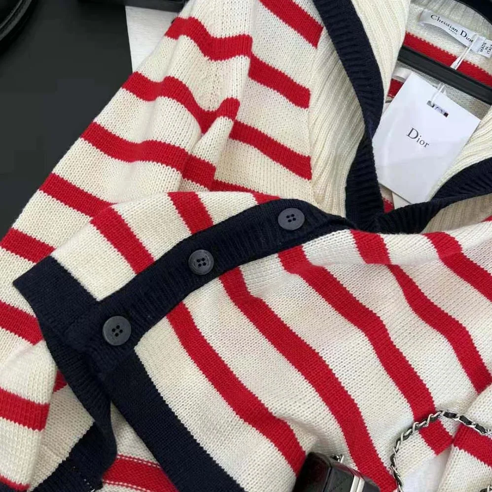 Dior Mariniere Cardigan Red and Ecru D-Stripes Ribbed Wool and Cashmere Knit for Women
