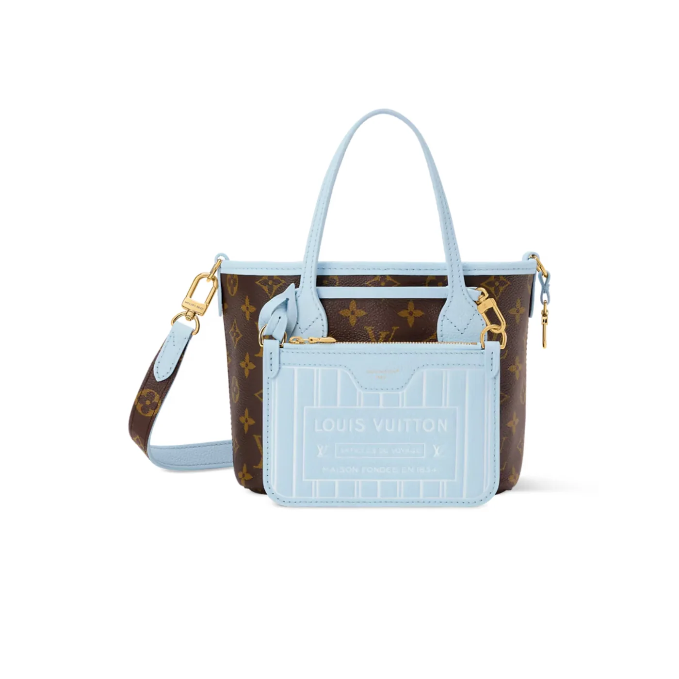 Louis Vuitton Neverfull Bandouliere Inside Out BB Tote Bag / Monogram Sky Blue Gold Hardware