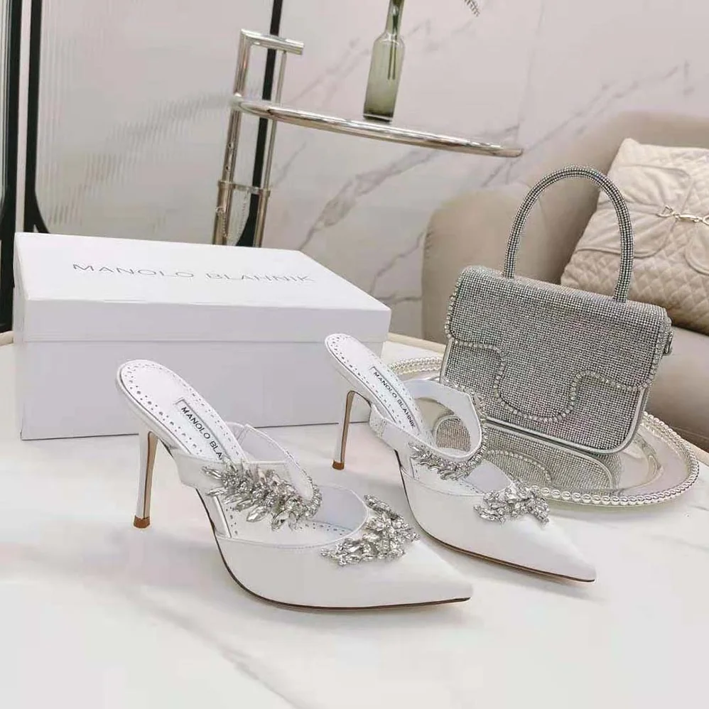 Manolo Blahnik White Satin Crystal Embellished Mules for Women