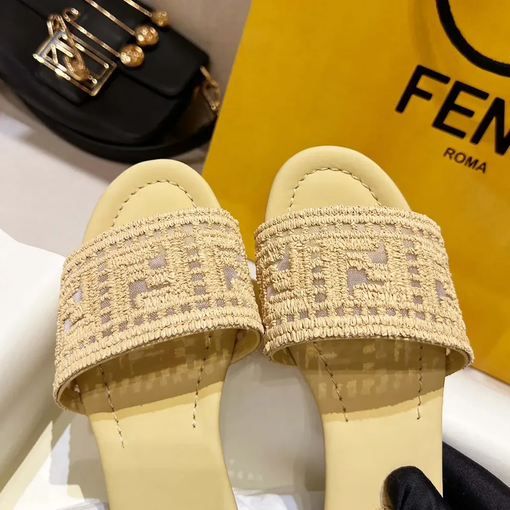 Fendi Sunshine Mesh Slides with Raffia FF Embroidery for Women