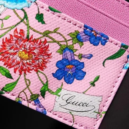 Gucci Flora Motif Card Case in Pink/ Multicolor Palladium Hardware