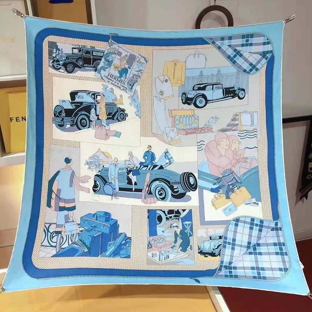 Hermes Confort en Automobile Scarf 70 in Silk Twill with Hand-Rolled Edges for Women in Blue