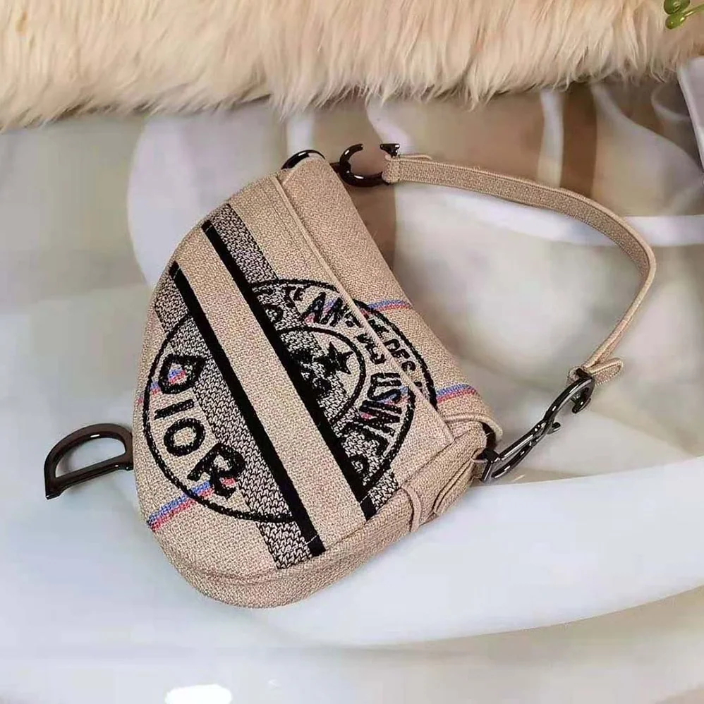 Dior Saddle Bag Beige Jute Canvas Embroidered with Dior Union Motif for Women
