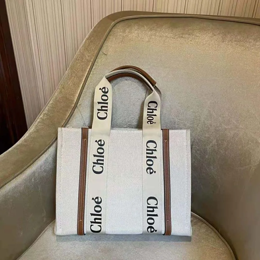 Chloe Medium Woody Tote Bag in Cotton Canvas and Shiny Calfskin with Woody Ribbo for Women in Brown Chloe Medium Woody Tote Bag in Cotton Canvas and Shiny Calfskin with Woody Ribbo for Women in Brown