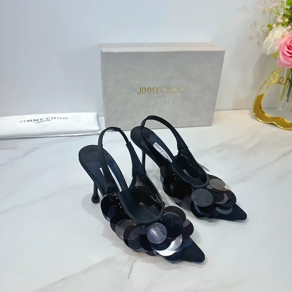 Jimmy Choo Isa 95 Black Mesh Paillette Pumps for Women