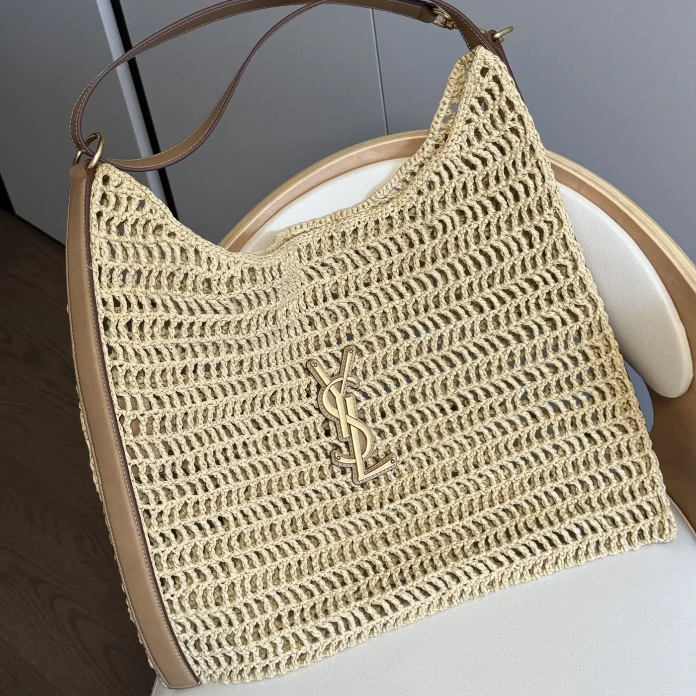 Saint Laurent YSL Oxalis in Raffia Crochet and Leather for Women