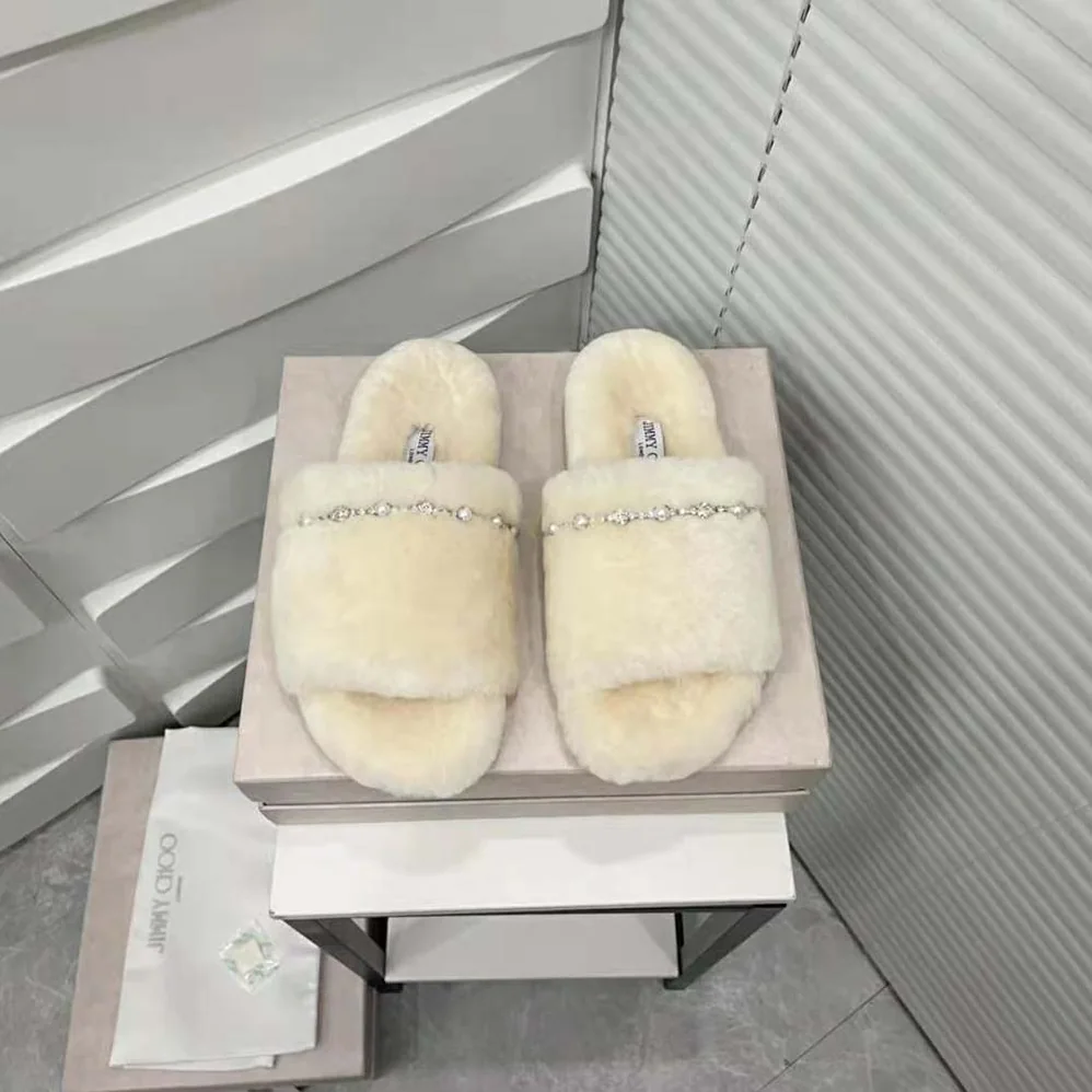 Jimmy Choo Acinda Slipper Natural Shearling Slippers with Crystal and Pearl Detailing for Women