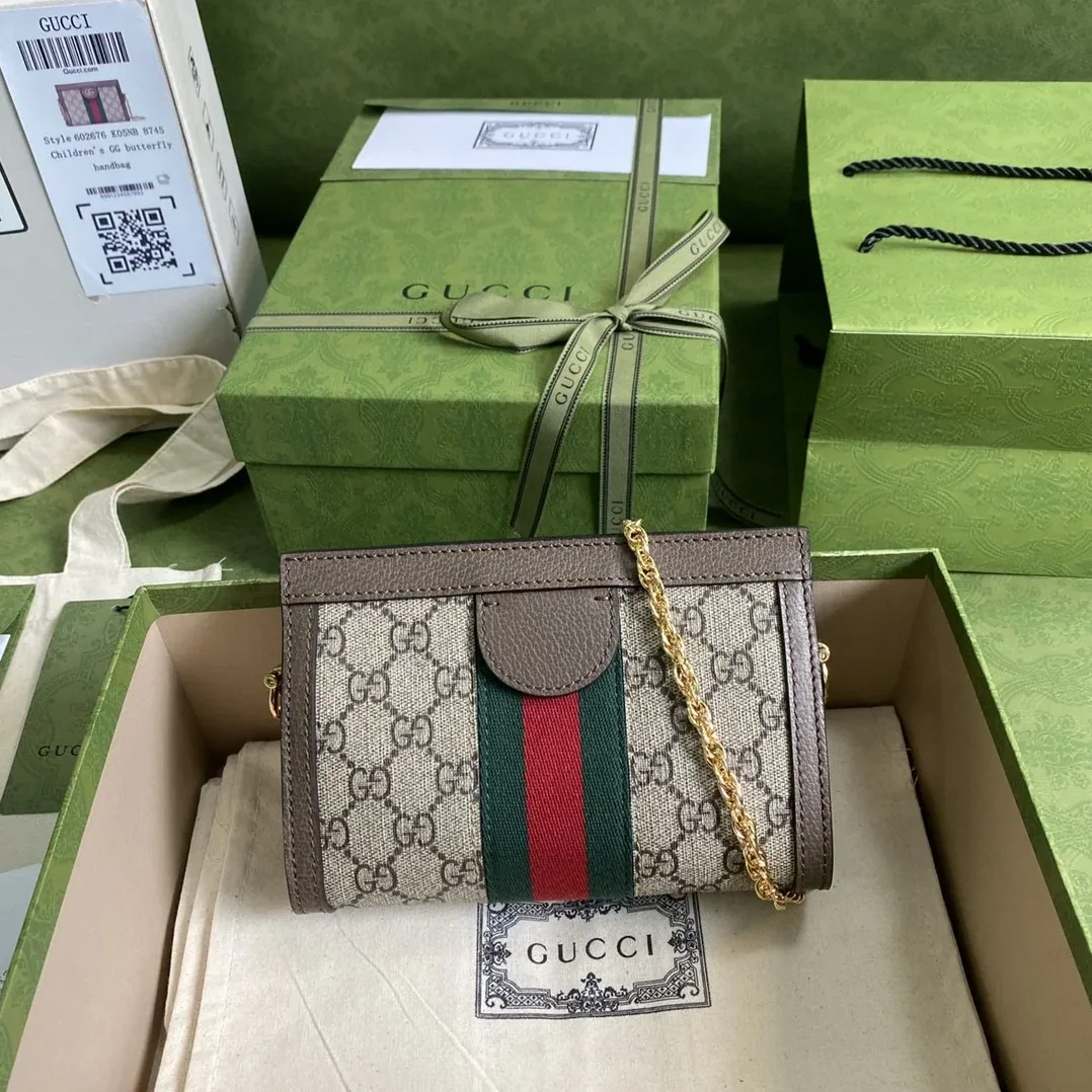 Gucci Ophidia Mini Shoulder Bag / Beige Ebony GG Supreme Canvas Gold Hardware
