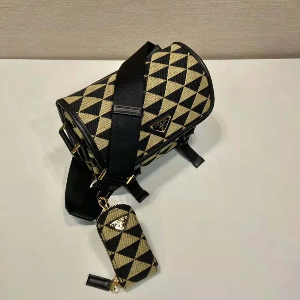 Prada Symbole Embroidered Fabric Bag for Men in Black/Beige Prada Symbole Embroidered Fabric Bag for Men in Black/Beige