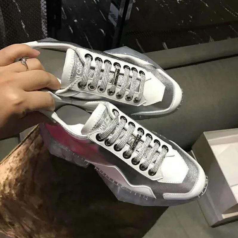Jimmy Choo Shoes Diamond/F Silver Metallic Leather and White Calf Leather Low Top Trainers for Women Jimmy Choo Shoes Diamond/F Silver Metallic Leather and White Calf Leather Low Top Trainers for Women