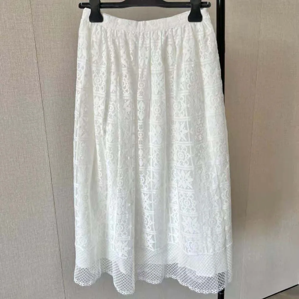 Dior Flared Mid-Length Skirt Ecru Technical Cotton Lace with Star Motif for Women