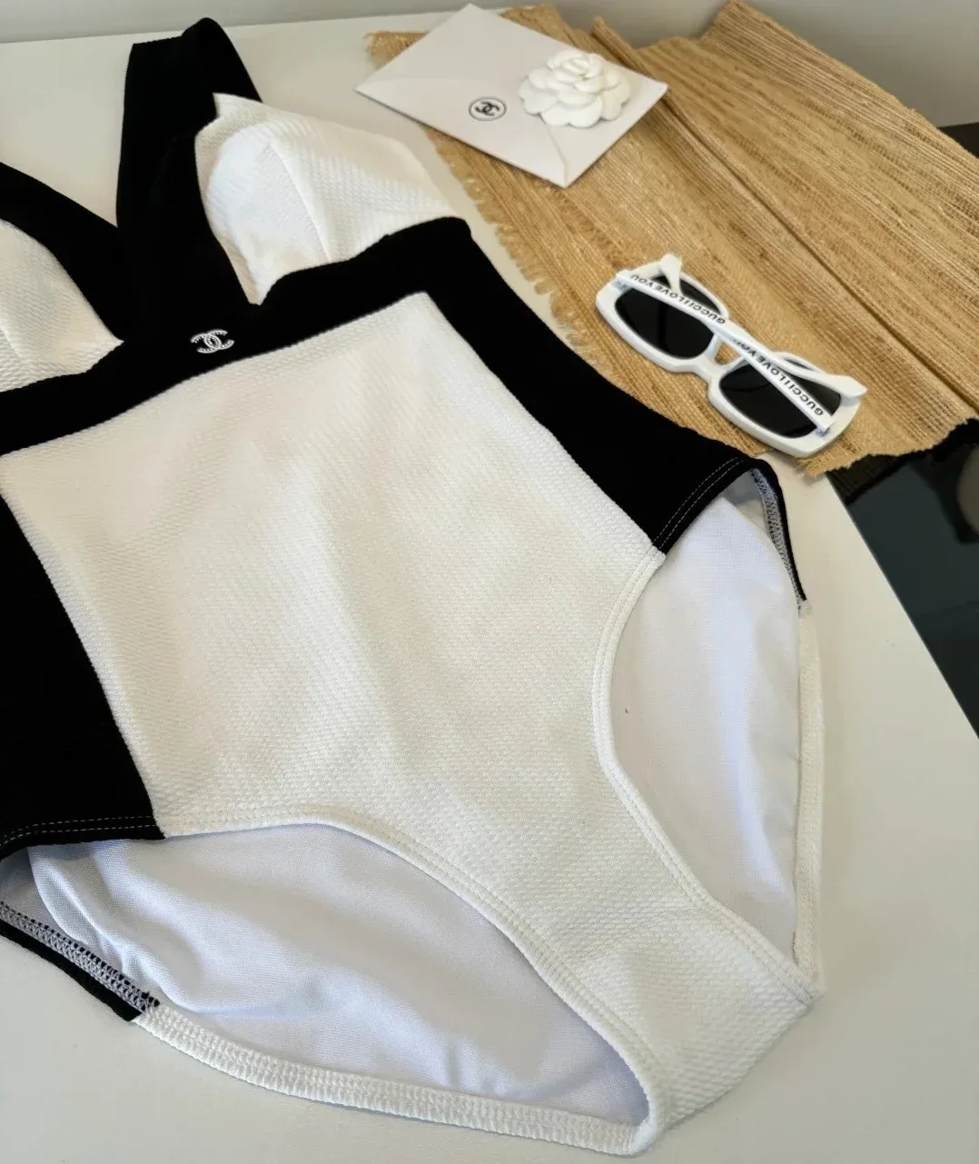 Chanel Color-Block Textured One in Piece Swimsuit Black/ White